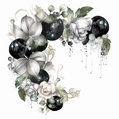 hand drawn balloon garland with shiny black white and silver balloons, white roses and white flowers with greenery, crystals, glamorous, very detailed and realistic, watercolor, clipart style, white background with margins