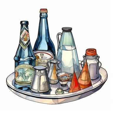 watercolor and ink styling, retro futuristic space age mayo and relish bottles, clipart on plain white background, 50s vibes, super high detail ultra precision 16k HD, clean crisp brushwork, painted by Beatrix Potter