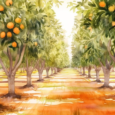 Citrus Grove: Create a watercolor clipart of an expansive orange grove, capturing the rows of trees and the play of light and shadow. Incorporate warm earthy tones and a sense of depth to bring the scene to life.