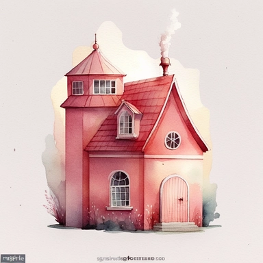 watercolor clipart of a cute red fire station , different lateral standing poses, cute cartoon building, pastel