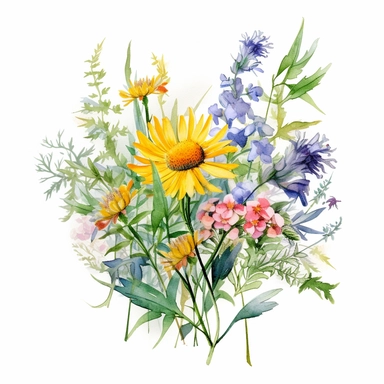 greetings card template - summer maedow wild flower, watercolor, clipart design, flat, no text, white backgrond