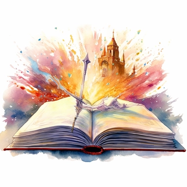Fantasy book with Echoes of Destiny: A fateful journey shaped by prophetic whispers and hidden prophecies, watercolor, clipart, white background