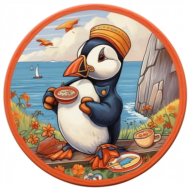 Depicting an Atlantic puffin enjoying a maple syrup-themed picnic. The design should combine the puffin's charm with Canadian culinary traditions. The artwork can feature the puffin holding a pancake and a bottle of maple syrup, with a cheerful expression on its face.r, that can be used as a sticker, colorful, highly detailed, white background, style of pixar clipart, white background,--no cut off edges