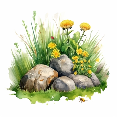 watercolor art of grass tuft with dandelions, bees, rocks, mushrooms, in the style of realistic and hyper-detailed renderings, sketchfab, ahmed morsi, realistic watercolor paintings, use of common materials, handcrafted designs clipart yellow and green with background removed