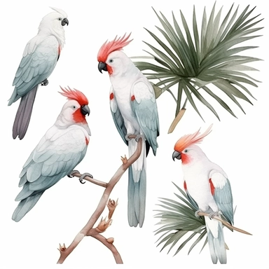 Palm Cockatoo Clipart set, watercolor style, minimalist, isolated white background, 8k