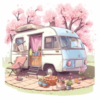travel motorhome, outdoor lunch, flowers, pastel color, clipart