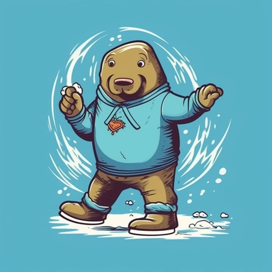 Showcasing a whimsical cartoon Walrus wearing ice skates and performing a figure skating routine. The design should capture the Walrus's playfulness and add a touch of Canadian flair. The artwork can be dynamic and energetic, with the walrus striking a pose mid-skate.r, that can be used as a sticker, colorful, highly detailed, white background, style of pixar clipart, white background,--no cut off edges