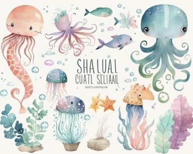 watercolor, pastel, under the sea Clipart with fishes, jellyfish, seahorse, octopus, cute , kawaii, clipart vector collection, no outline, png, for kids, white background, high resolution