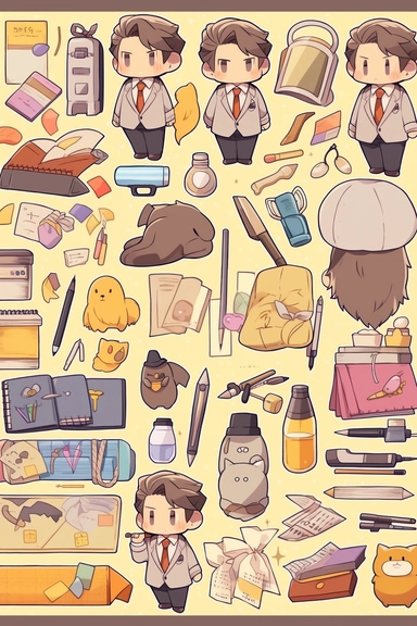 Stickers, Clipart, Knolling layout of cute Teacher themed, accessories neatly placed in equal proportion, Super Giant Pitch, larger spacing, pocket sticker, stationery set, vector stickers, high detail, charater sheet, Planner Stickers, Bright Colors, Hand Drawn Artwork, anime style, single design, 8k, white background, appropriate blank