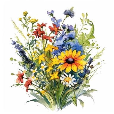 Water colour style, Meadow-Inspired bouquet , large Create a meadow-inspired arrangement by combining native UK and American flowers that bloom in meadows, Mix cowslips, cornflowers, and red campions from the UK with black-eyed Susans, goldenrods, and butterfly weeds from America, watercolour flower arrangement, clipart, vector, intermingled with greenery, white background, no captions, no vase, ar 2:2 repeat 5