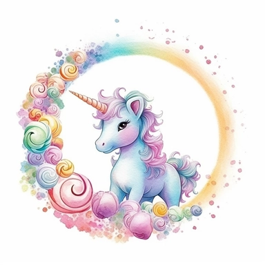 Cute pastel circle border with a very small unicorn in the corner, isolated on white background, watercolor, high detail, unique, intricate detail, hand Sublimation Clipart,Cartoon,hyper realistic, intricate detail, illustration style,high solution,on the white background