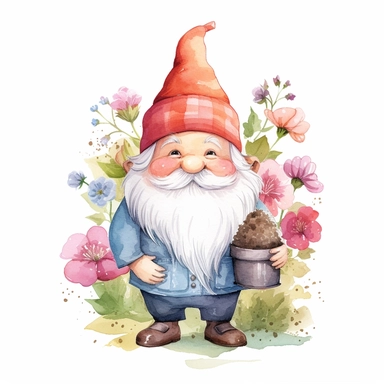 super adorable clipart of garden gnome, watercolour, white background, clean lines, pastel colours v-- 4