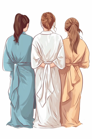 back of bride and bridesmaids on their bathrobe clipart, cartoon style