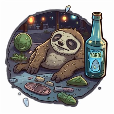 morale patch showing a drunk sloth lying in the evening streets covered in dirt and slime. Some bottles of beer. Broken glass. Clipart