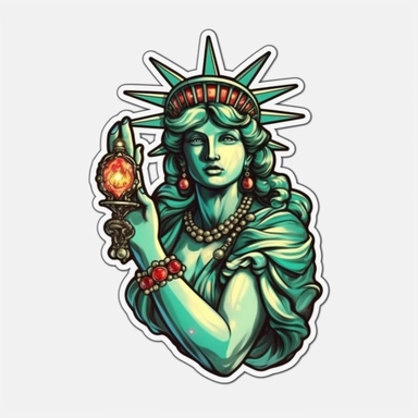 the statue of liberty holding gemstones, wearing a diamond necklace, ruby earrings, holding emeralds in her hand-clipart-sticker