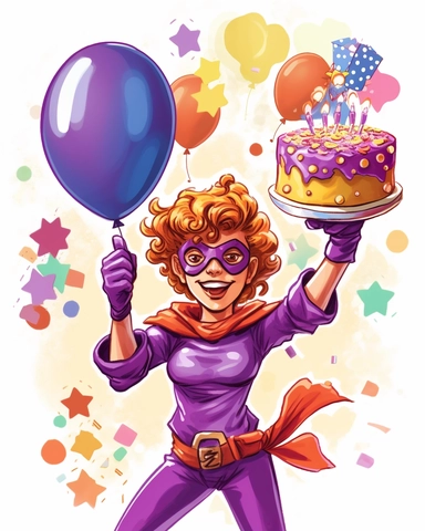 Generate a watercolor-style clipart of a middle-aged female superhero character's birthday celebration. Use bold, vibrant colors, especially purple, along with dynamic speech bubbles, to create a sense of excitement. Include items like cakes, gifts, and party decorations in a comic strip design