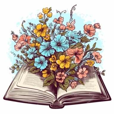 color hand drawn illustration of open book with flowers surrounding it, clipart, 2d vector, retro style, clean white background,