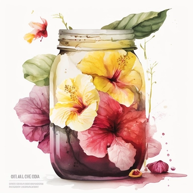[4687597976] Watercolor clipart. A mesmerizing watercolor masterpiece featuring a jar overflowing with a profusion of hibiscus blossoms, their vivid petals rendered with artistic skill in shades of ruby, blush, and lemon yellow.. White background. No text. No caption. No logo