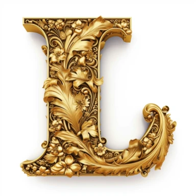 An ornate solid gold letter L. Clipart, white background v5