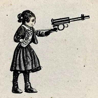 /girl child holding pistol, girl youth aiming pistol, vintage clipart, clip art, public domain, dover, copyright free, engraving, 1800s, black white