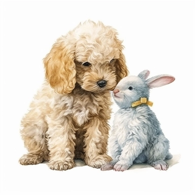 water color, realistic, cute poodle puppy sniffing a bunny, isolated on white, clip art