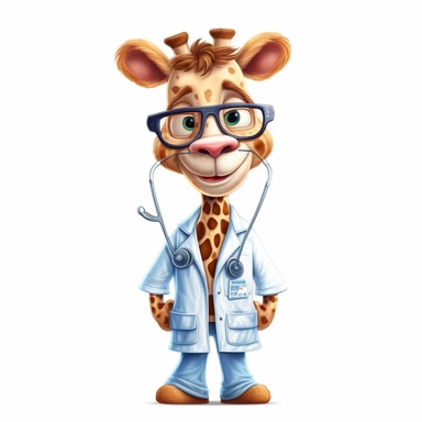 cute Giraffe character wearing doctor clothes and doctor element with happy face,front facing on isolated background,with happy face and expression,Animal Sublimation Clipart,no splash watercolor,white background, ultra detailed clipart, cut out image, colorful watercolor realistic, cartoon style, ultra HD, sharp and clean art