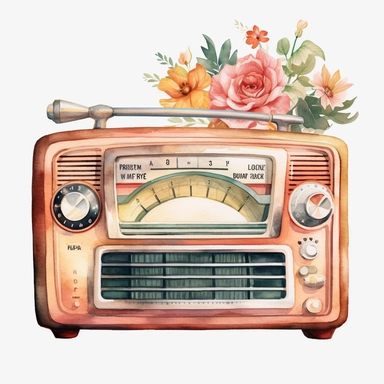 Retro Radio, vintage, flowers, watercolor, retro, clipart, white background
