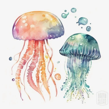 watercolor jelly fish set of 2 clipart, simple design, separated elements, cartoonish style, paul wonner