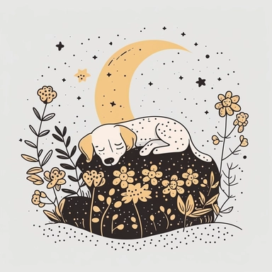 cartoon dog sleeping on a bed of flowers and the moon and stars up in the sky. cute, clipart, flat 2d vector, minimalist, black and white, kids cartoon, svg cut file, line art drawing