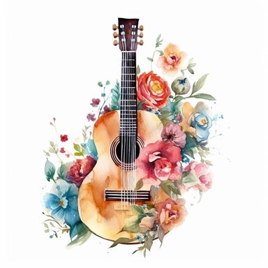 complex watercolor illustration of floral acoustic guitar in beautiful flowers professional hyperrealism,concept,art,8k,hd,watercolor,detailed,white backround,clipart
