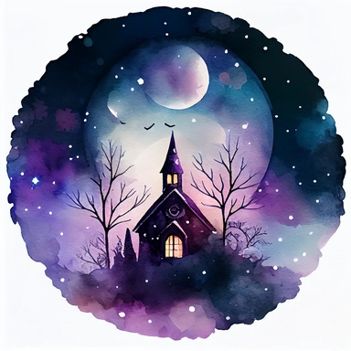cute Christmas watercolor clipart with a little church in circle, night sky with sparkling background,