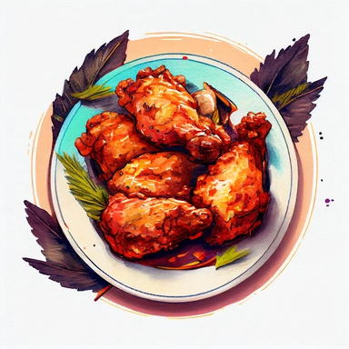 plate of fried chicken wings thighs, legs, ? watercolor and ink painting ? clipart illustration, retro 50s, high detail masterpiece, award winning, american fast food,