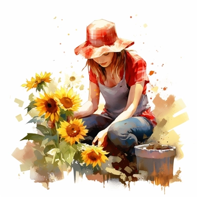 a watercolor of a farmgirl picking a sunflower, cherry academy style, cherry red nuances, vector free clipart illustration, in the style of unreal engine 5, 32k uhd, detailed features, white background
