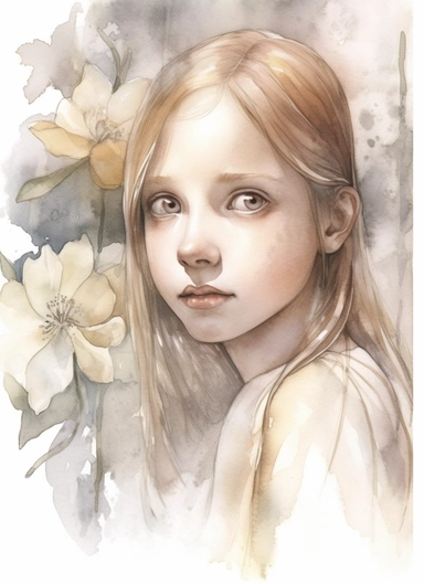 girl behind a single spring flower, in the style of magali villeneuve, jon j muth, carl larsson, dreamy world, closest to watercolor illustrations, soft color palette with ligh beige and gray, children's illustrations, solid white background, clipart