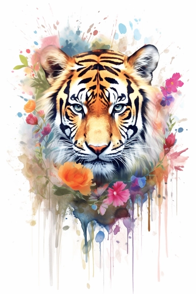 A cub tiger standing amidst a field of wildflowers, with the wind blowing through its fur, exuding strength and courage, Watercolor clipart with bold brushstrokes and vibrant colors, emphasizing the tiger's majestic presence, watercolor clipart, white background