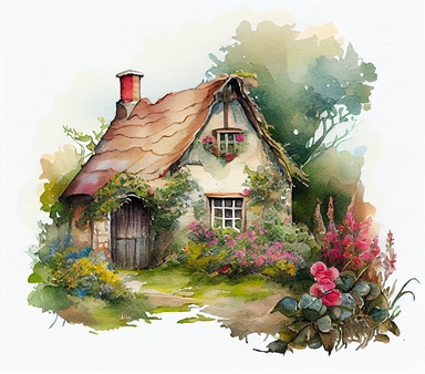 Watercolor clipart of a garden cottage