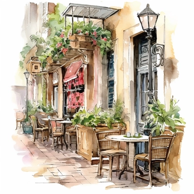 clipart, Watercolor painting, As the gentle breeze carries the faint scent of freshly brewed coffee, you find yourself captivated by the scene before you. Nestled among a quaint street lined with charming buildings, a picturesque cafe comes into view. The outdoor seating area beckons with its rustic charm, adorned with wrought-iron chairs and tables adorned with vibrant potted flowers. The centerpiece of the cafe is an intriguing structure, an architectural marvel that combines classic elegance 