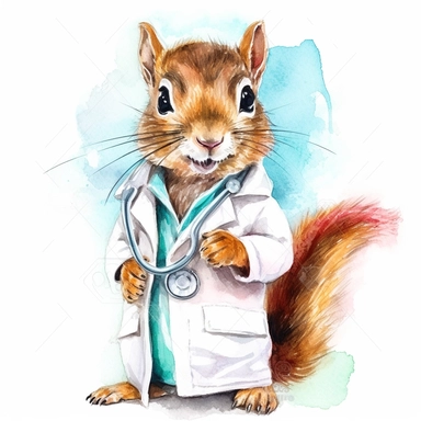 watercolor clipart, vey cute squirell, wearing a stethoscope and a white coat, working as a veterinarian, watercolor style, realistic, bright colors, 300 dpi, 8k, white and clear background, high solution