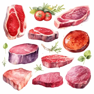 meat, pork, beef, tenderloin, sirloin, veal, turkey, white background, clipart, Object, vector collection, watercolor