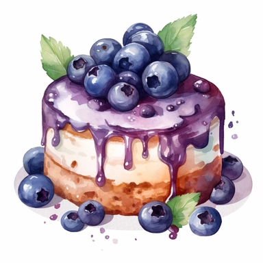 a realistic watercolor of a blueberry cake, victorian style blueberry academia, blueberry purple nuances, vector free clipart illustration, in the style of unreal engine 5, 32k uhd, detailed features, white background