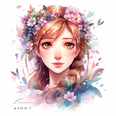 watercolor princess Anna, from Frozen, beautiful face, braids, flowers, clipart, white background, by Kawacy