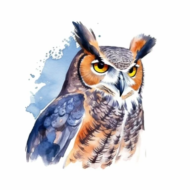 Great Horned Owl, water color style, clipart, white background