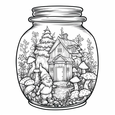 Coloring Page, In A jar Coloring Page, In A jar Gnomes crafting intricate gnome-sized furniture and decorations for their homes, clipart black and white, no fill, only outline,