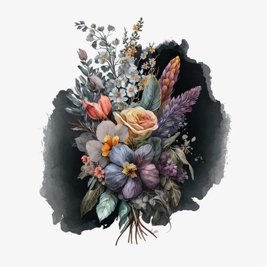 Clipart aquarelle, detailed realistic flower Bouquet tribute, related to loss, sorry, funeral. dark colors, dark theme. white background,