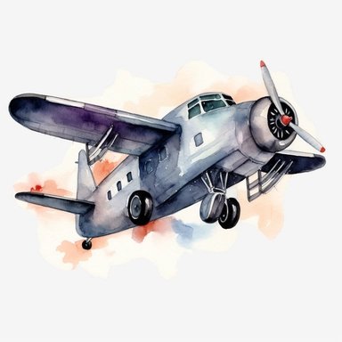 Watercolor: airplane summer full body png realistic cartoon 32k UHD cute 15cm thick outline black color no shadow on the floor. With illustrations , realistic watercolors and detailed illustrations Cartoon, PNG clipart, transparent white background