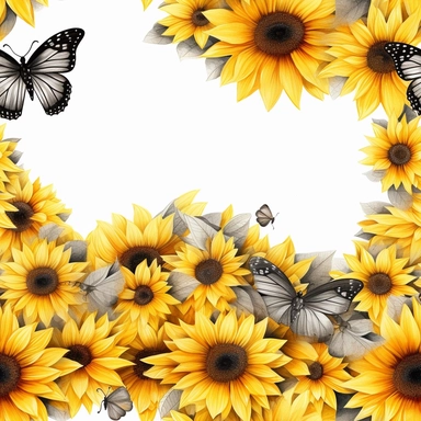 in the shape of heart, watercolor detailed clipart sunflower, high contrast realistic butterfly, clean lines, hard edges, no shadow, clean edges, centered on white background
