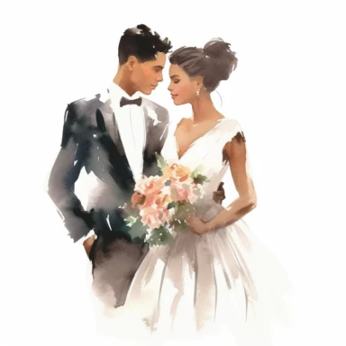 watercolor style, beautiful bride and handsome latino groom clipart, isolated on white background, hd
