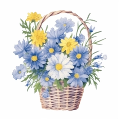 Design a dreamy watercolor clipart of frenchfarmhouse-inspired Cornflowers, daisies, and asters arranged in a woven basket composition, hand-painted with soft and graceful brushstrokes. Draw inspiration from the artistic finesse of Ethereal Petals Watercolors for a refined and ethereal depiction. isolated on a white background, hand-drawn illustration, hand-painted watercolor texture, 16k UHD resolution, intricately detailed, sharp focal points, designed by Ana Victoria Calderon and Holly Exley,