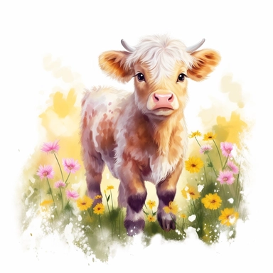 Make a clipart of a baby highland calf standing in pink, white and yellow daisies, use watercolor style, pastel colors
