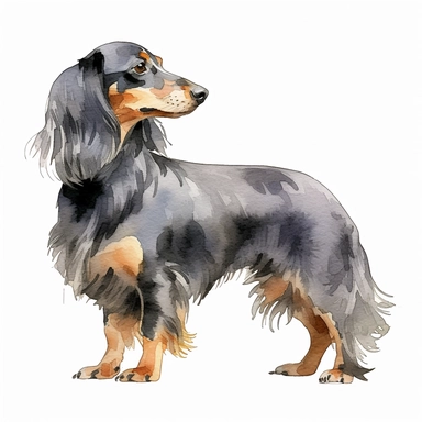 watercolor single clipart of a black and white long haired dachshund seen in profile